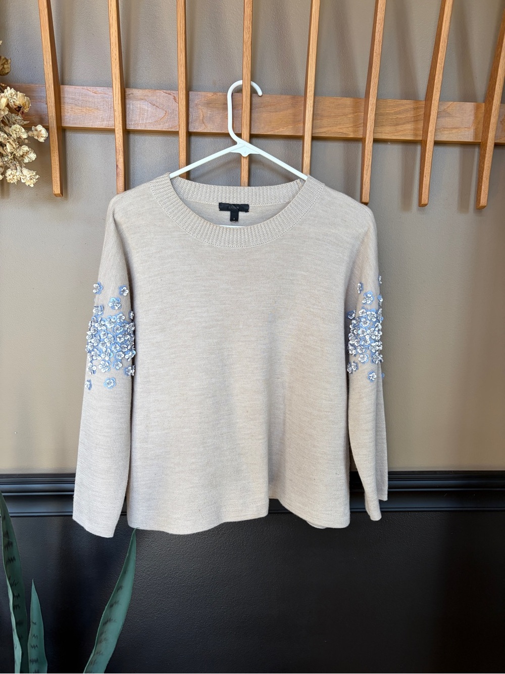 J.Crew Sequin Floral sweater in a heather oatmeal beige Size S